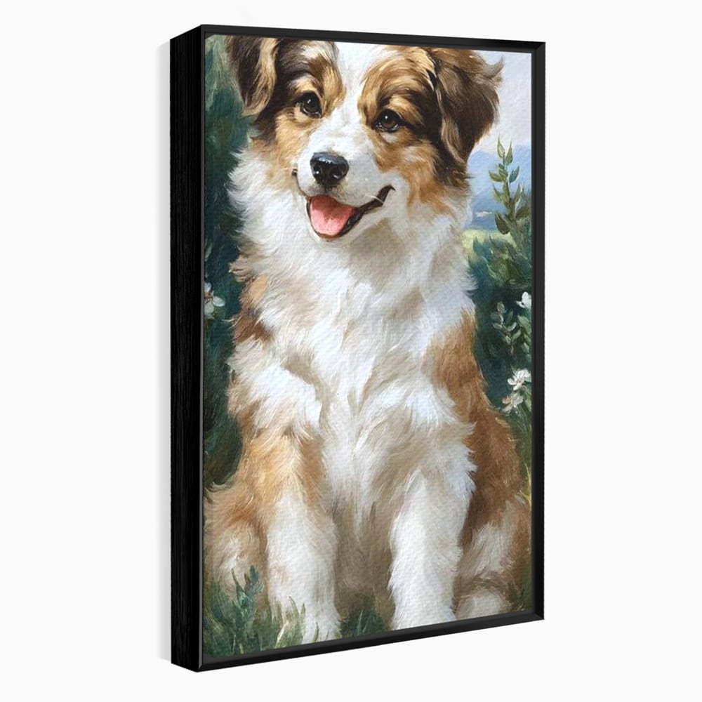 Tablou canvas cu tablou canvas cu catel prietenos in gradina, in rama de aluminiu negru